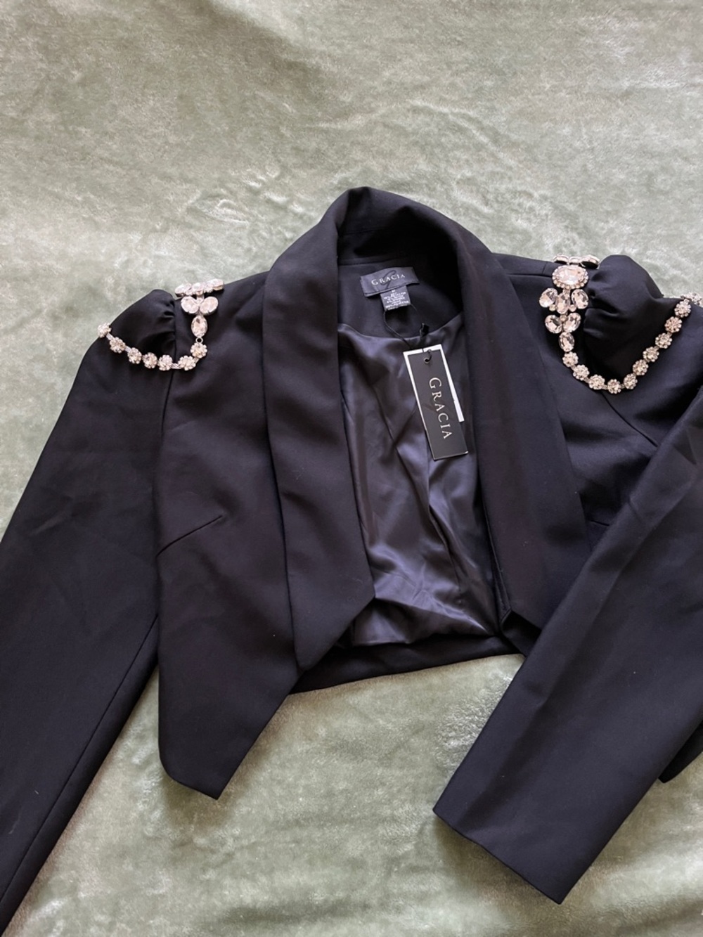 Gracia Black Cropped Blazer with Crystal Shoulder Chains